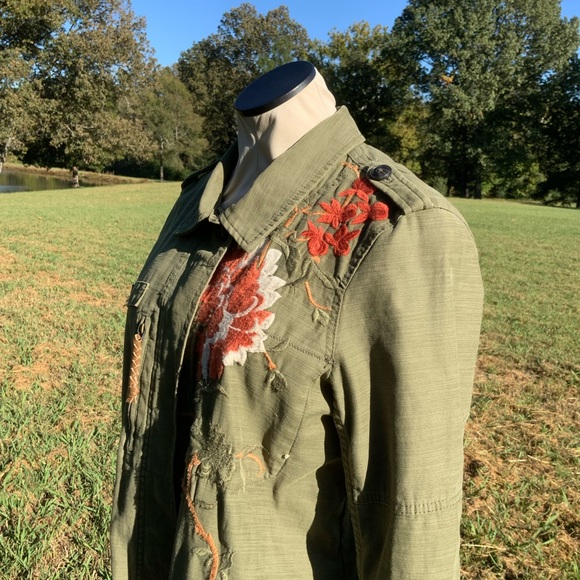Anthropologie Hei Hei Floral Embroidered Field Utility Military  Green Jacket M - Picture 6 of 10